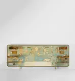 Unique illuminated headboard by Gio Ponti and Piero Fornasetti, circa 1952, Lithographic transfer-printed wood, painted wood, painted brass, painted steel, burr walnut-veneered wood, glass, brass,, sold Jun 2021