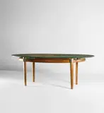Duilio (Dubé) Barnabé, Unique dining table, 1950s, Reverse painted glass, African mahogany, glass