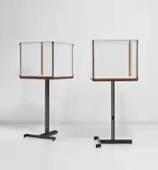Carlo Scarpa, Pair of vitrines, designed 1957, executed circa 1963, Glass, African mahogany, painted steel, patinated brass, linen