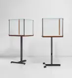 Carlo Scarpa, Pair of vitrines, designed 1957, executed circa 1963, Glass, African mahogany, painted steel, patinated brass, linen