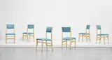Set of six prototype dining chairs by Gio Ponti and Piero Fornasetti, early 1950s, Painted wood, fabric, brass, sold Jun 2021