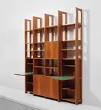 Luigi Zuccoli, Unique bookcase, designed for the 'San Fermo' building, Como, circa 1954, Walnut-veneered wood, walnut, plastic-laminated wood, sapele, brass