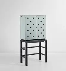 Pietro Chiesa, Rare illuminated drinks cabinet on stand, circa 1939, Mirrored glass, painted wood, glass, cane, nickel-plated brass