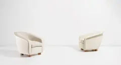 Jean Royere, Pair of armchairs, 1955-1958, Oak, fabric