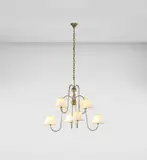 'Bouquet' eight-armed chandelier by Jean Royere, 1955-1958, Brass, paper shades, sold Jun 2021