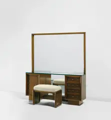Dressing table and stool by Jean Royere, 1955-1958, Stained oak, stained and partially painted oak-veneered wood, mirrored glass, glass, brass, fabric, sold Jun 2021