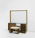 Jean Royere, Dressing table and stool, 1955-1958, Stained oak, stained and partially painted oak-veneered wood, mirrored glass, glass, brass, fabric
