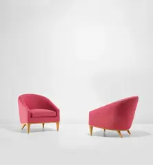 Two 'Crapaud' armchairs by Jean Royere, 1955-1958, Oak, fabric, sold Jun 2021