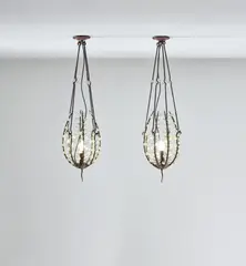 André Dubreuil, Pair of 'Perles' lanterns, circa 1988, Partially painted iron, copper, glass