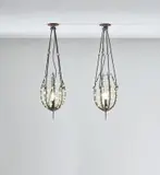 André Dubreuil, Pair of 'Perles' lanterns, circa 1988, Partially painted iron, copper, glass