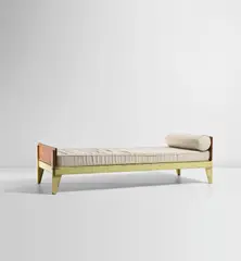 ‘Flavigny’ bed by Jean Prouvé, designed 1945, Painted steel, oak, fabric, sold Jun 2021