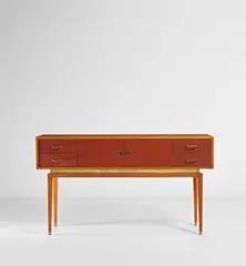 Jacques Quinet, Rare sideboard, circa 1956, Pear-veneered wood, sapele, leather, brass