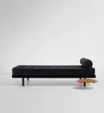 'S.C.A.L' bed with pivoting shelf by Jean Prouvé and Charlotte Perriand, circa 1953, Painted steel, oak-veneered wood, fabric, sold Jun 2021