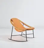 Ico Parisi, Rare children’s rocking chair, model no. 839, circa 1957, Ash-veneered plywood, painted iron, fabric