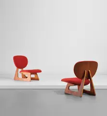 Junzo Sakakura, Pair of lounge chairs, model no. 5016, designed 1957, produced 1970s, Teak-veneered plywood, fabric