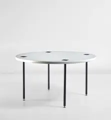 Coffee table by Ettore Sottsass, 1958, Painted-veneered wood, painted steel, brass, sold Jun 2021