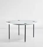 Coffee table by Ettore Sottsass, 1958, Painted-veneered wood, painted steel, brass, sold Jun 2021