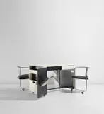 Gio Ponti, Desk with pair of incorporated chairs, model no. A012, from the 'Apta' series, circa 1970, Plastic-laminated wood, painted wood, acrylic, stainless steel, chromium-plated metal, vinyl, leather