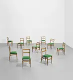Gio Ponti, Set of ten side chairs, circa 1964, Chestnut, fabric