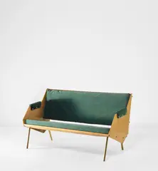 Rare settee by Carlo De Carli, circa 1951, Laminated birch, walnut, brass, fabric, sold Jun 2021