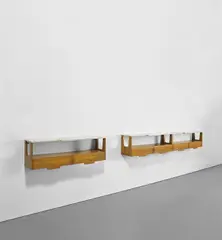 Ignazio Gardella, Set of three wall-mounted modular consoles, circa 1941, Walnut-veneered wood, walnut, marble, painted metal