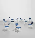 Set of ten dining chairs, model no. 687 by Gio Ponti, circa 1955, Painted wood, fabric, sold Jun 2021