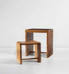 Table and stool by Gio Ponti, c. 1939, glass, elm, sold Jun 2021