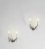 Max Ingrand, Pair of wall lights, circa 1955, Glass, brass, painted metal