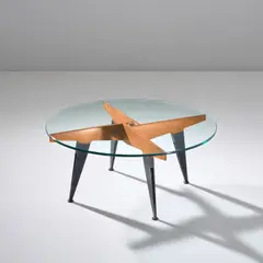 Coffee table by Gio Ponti, circa 1951, Glass, beech, painted iron, brass, sold Nov 2021