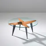 Coffee table by Gio Ponti, circa 1951, Glass, beech, painted iron, brass, sold Nov 2021