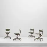 Kardex, Set of four swivel chairs, licensed by Montecatini S.A., Milan, under the direction of Gio Ponti, circa 1948, Painted steel, painted aluminium, vinyl