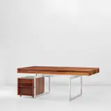 Bodil Kjær, Desk with cabinet, designed 1959, produced 1960s, Brazilian rosewood-veneered wood, sapele-veneered wood, chromium-plated steel