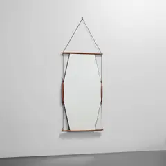 Ico Parisi, 'Paraggi’ hanging mirror, circa 1958, Teak, mirrored glass, leather cord