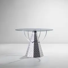 Unique 'Dark Star' table by Marc Newson, 1986, Welded aluminium tread sheet, tubular aluminium, rubber-covered wood, glass, offered Nov 2021