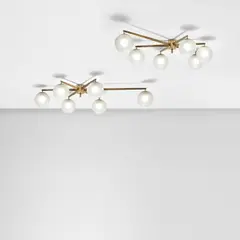 Angelo Lelii, Pair of 'Stella a 6' six-armed ceiling lights, circa 1959, Glass, brass