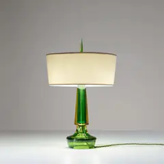 Table lamp by Flavio Poli, circa 1959, Sommerso glass, nickel-plated brass, fabric shade, sold Nov 2021