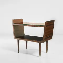 Side table by Gio Ponti, circa 1940, Coloured mirrored glass, Indian rosewood-veneered wood, Indian rosewood, stained wood, brass, sold Nov 2021