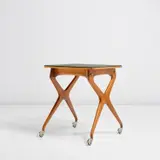 Demountable table, model no. 701 by Ico Parisi, circa 1955, Walnut-veneered wood, walnut, glass, nickel-plated brass, sold Nov 2021