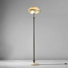 Pietro Chiesa, Standard lamp, circa 1937, Partially acid-etched glass, glass, nickel-plated brass, painted brass, paper shade