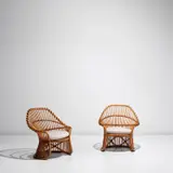 Pair of 'Martingala' armchairs by Marco Zanuso, circa 1956, Rattan, fabric, sold Nov 2021