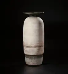 Hans Coper, Monumental 'Writhlington School' pot, 1972, Stoneware, layered porcelain slips and engobes over a textured body, the neck, disc top lip and interior with a manganese glaze