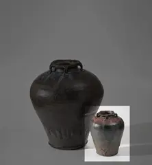 Gutte Eriksen, Jar with lugs, circa 1980, Earthenware, layered flowing black and red pitted glazes