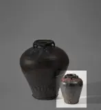 Gutte Eriksen, Jar with lugs, circa 1980, Earthenware, layered flowing black and red pitted glazes