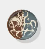 William Newland, 'Horse and Rider' dish, 1952, Earthenware, blue and brown glazes with cream trailed design