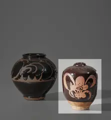 Early vase by Shoji Hamada, 1923, Stoneware, tenmoku glaze with a resist foliate design, sold Nov 2021