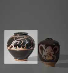 Early jar by Shoji Hamada, circa 1923, Stoneware, tenmoku glaze with a resist scrolling foliate design, sold Nov 2021
