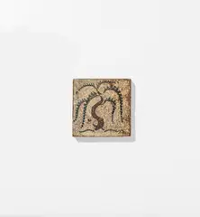 Tile with willow design by Bernard Leach, 1930s, Stoneware, slips with iron and cobalt painted designs beneath a clear glaze, sold Nov 2021