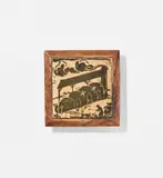 Bernard Leach, Framed tile with design of climbing kiln, circa 1935, Stoneware, painted slips with carved designs beneath a clear glaze, mounted in an oak frame