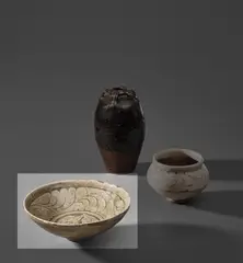 Shoji Hamada, 'Crysanthemum' bowl, circa 1923, Stoneware, porcelain slip with the design carved through beneath a green wood ash glaze