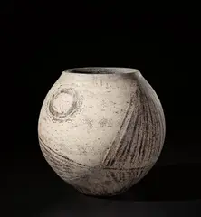 Globular pot with linear design by Hans Coper, circa 1954, Stoneware, painted porcelain slips and manganese designs with a scrubbed surface, the interior with a manganese glaze, sold Nov 2021